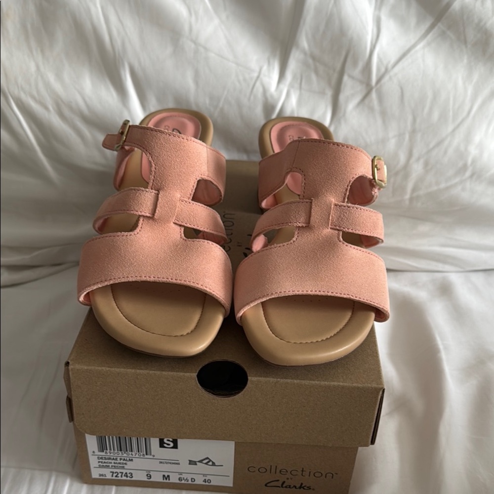 Clarks Pink and Tan Sandals with Buckle Closures New in Box